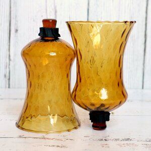Vintage Amber Blown Glass Optic Swirl Candle Holder Set Sconce Votive Tea Light